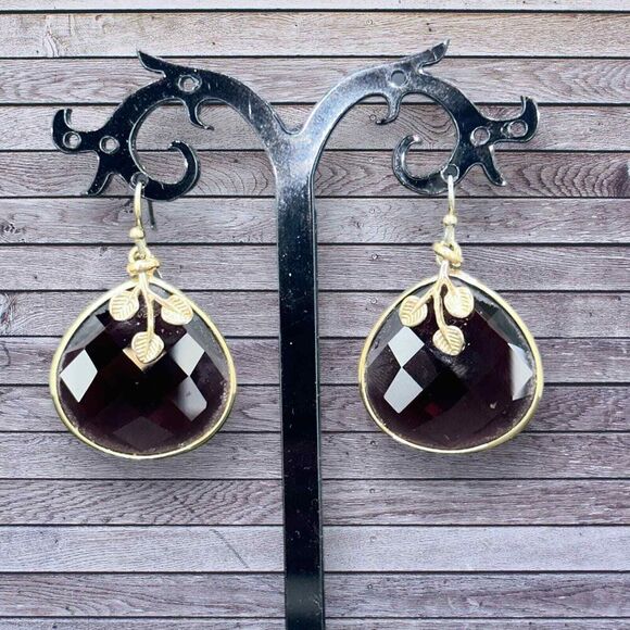 Purple Faceted Glass Teardrop Dangle Earrings over Gold Plated - Picture 2 of 7